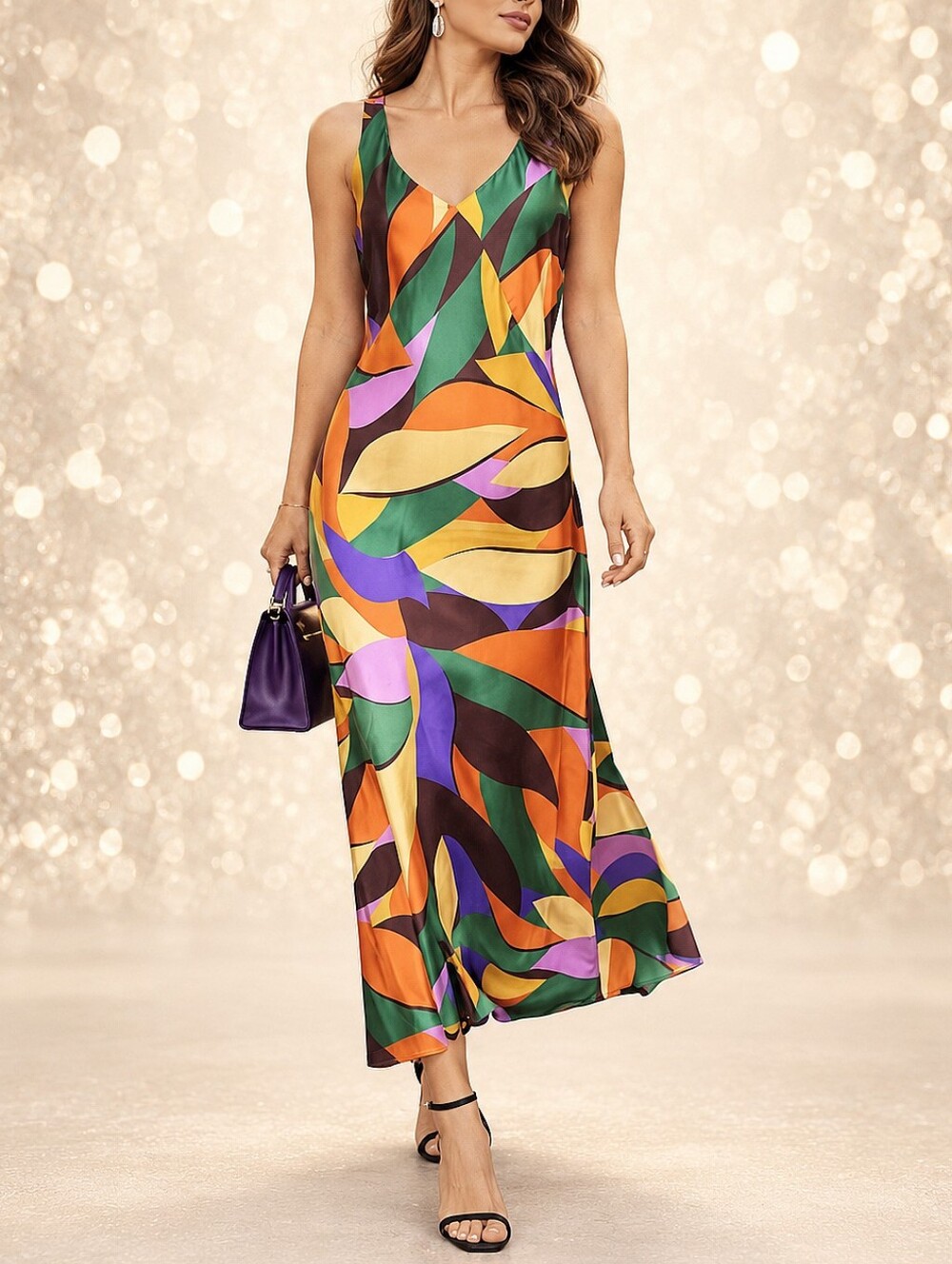 Joie Satin Abstract V Neck Sleeveless Maxi Slip Dress M Multicolor Boho wedding
